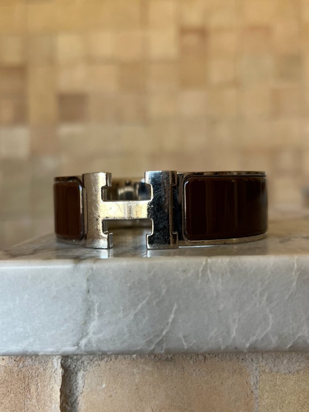 Hermés "Clic Clac" H Cuff Bracelet Silver and Brown